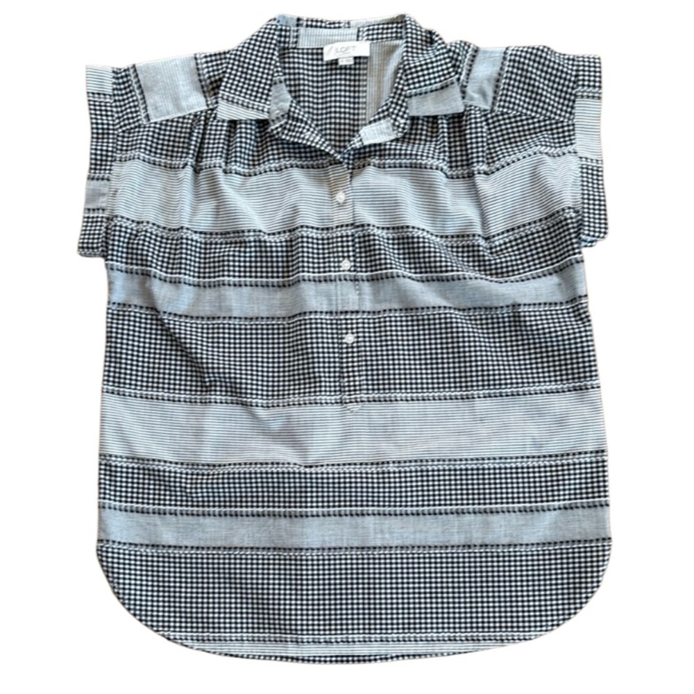 ANN TAYLOR LOFT WOMEN 100% COTTON BLACK WHITE CAP SLEEVE BUTTON DOWN BLOUSE XSM